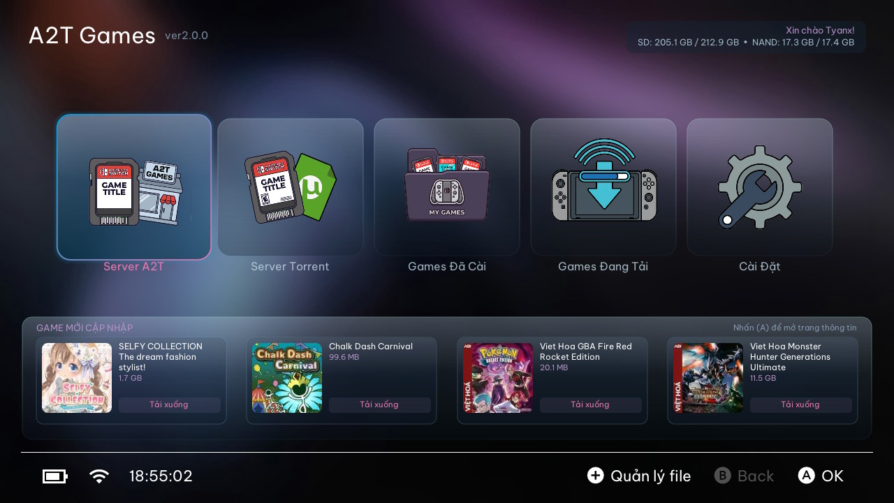 A2T Games dashboard with navigation tiles and recently updated games
